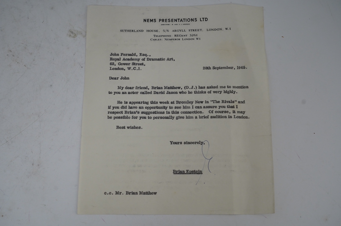 Two Brian Epstein (manager of the Beatles) related items; a signed first edition of A Cellarful of Noise, pub. Souvenir Press 1964, signed and dedicated to Brian Matthew in ball point ink, together with an historically i